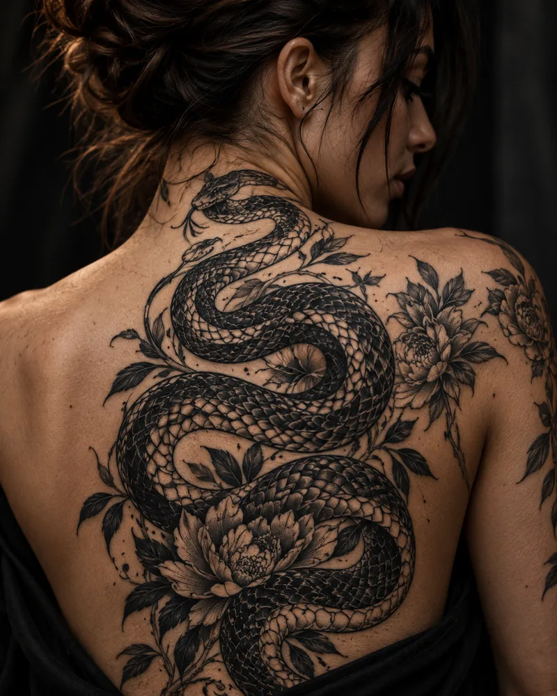Serpent back piece tattoo