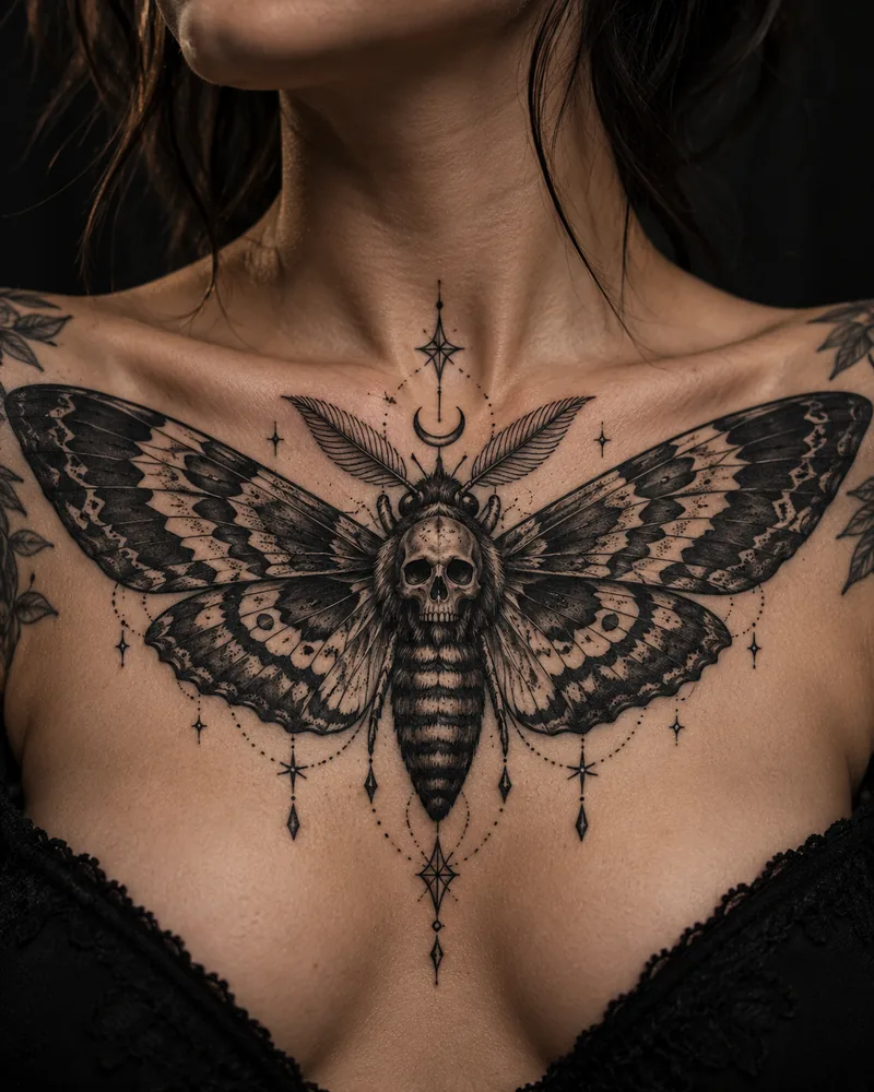 Death moth chest tattoo
