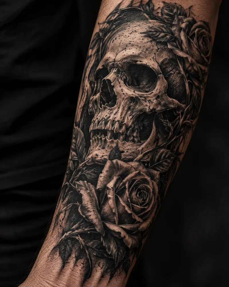 Skull and rose forearm tattoo