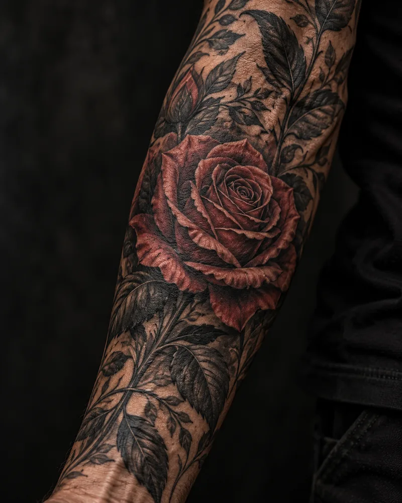 Red rose sleeve tattoo