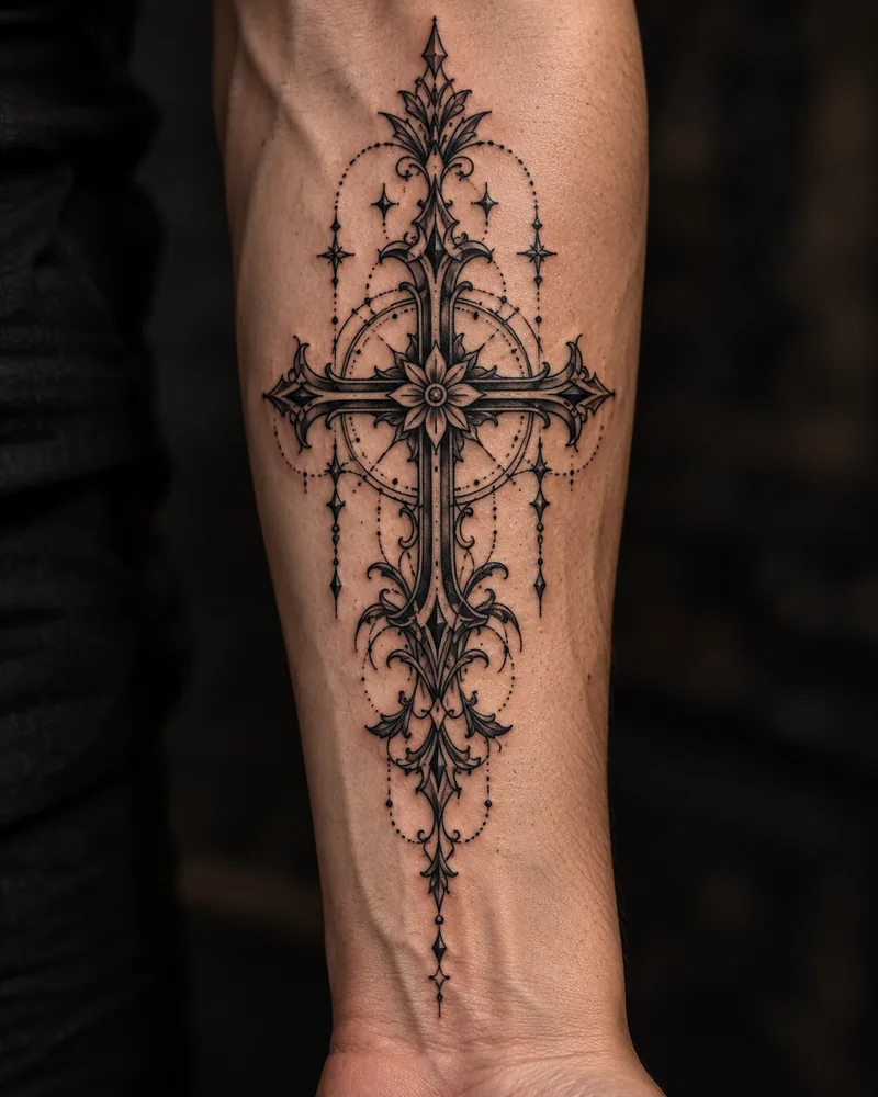Ornamental cross forearm tattoo