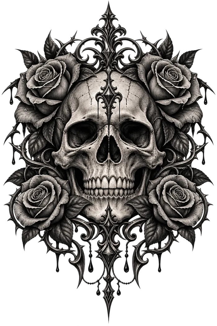 Skull and roses art print